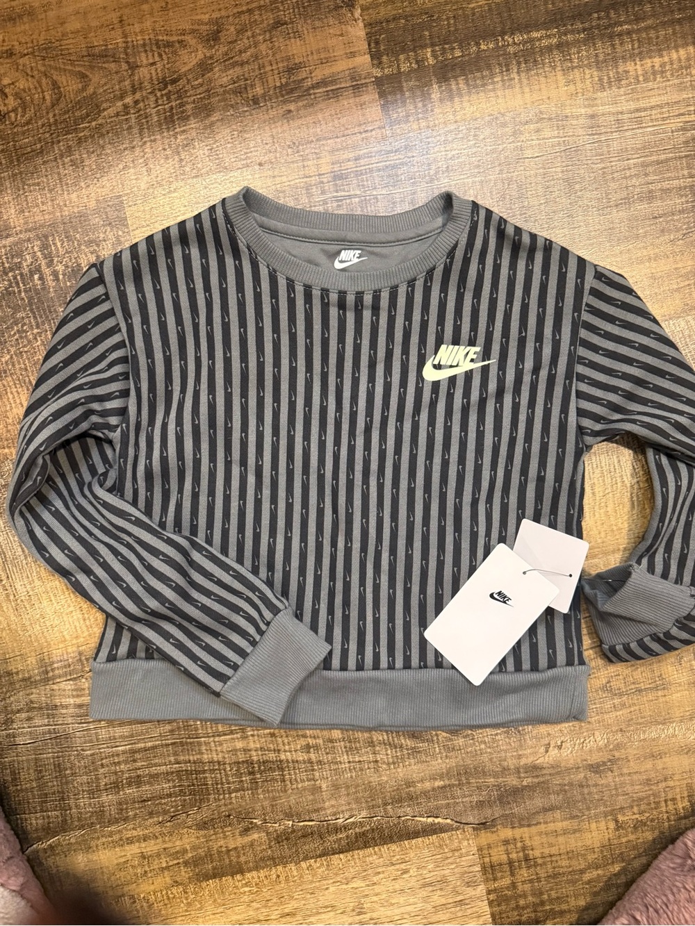 Nike Grey Striped Crew Sweatshirt with White Swoosh